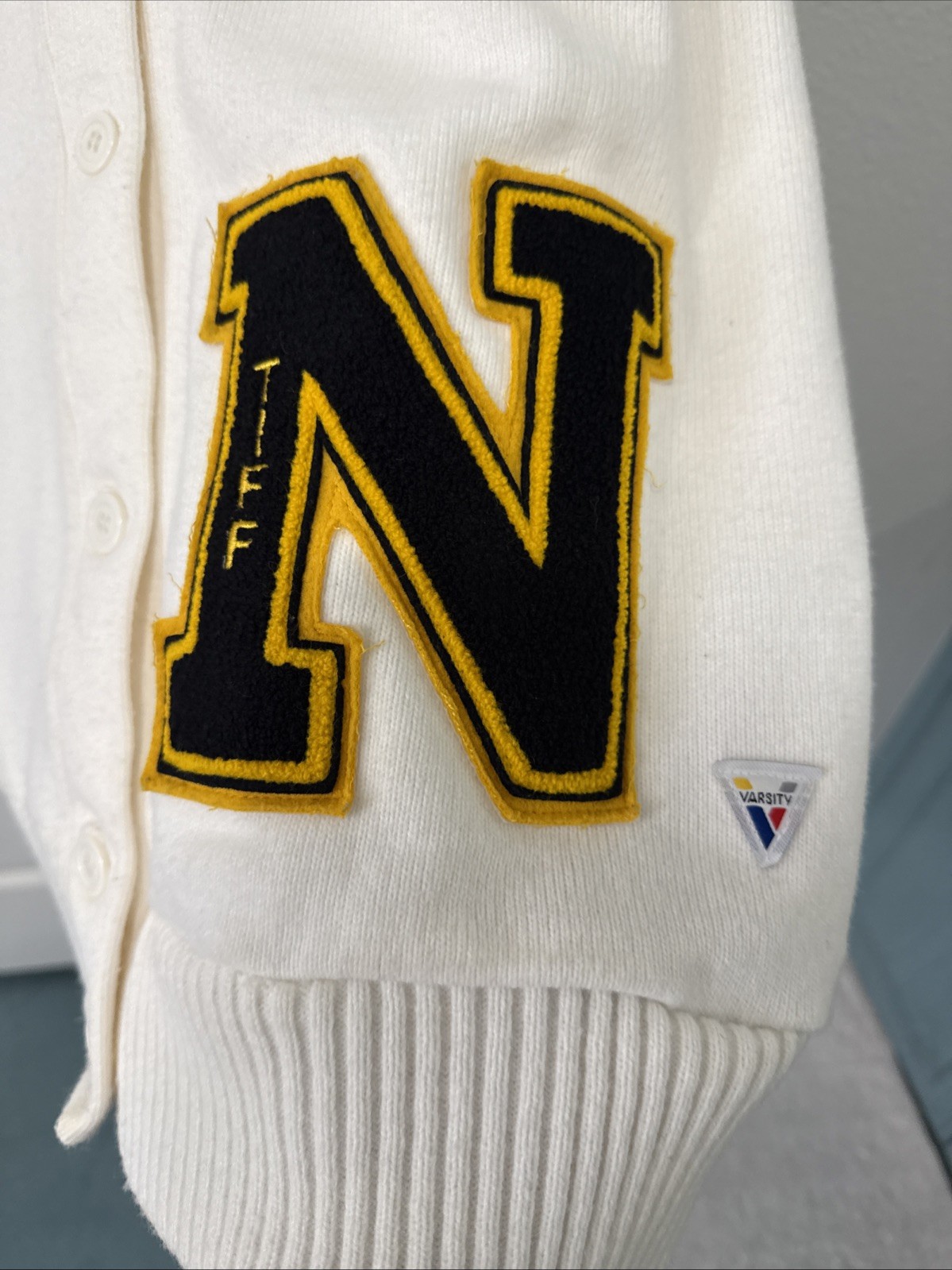 Vintage Varsity Letterman Sweater Black Yellow White Off Stripes Sleeve Large US