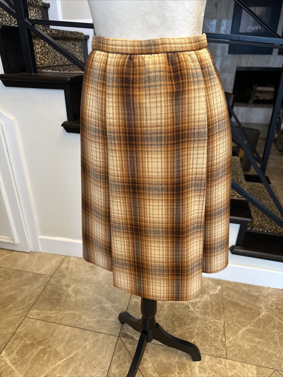 Jacques Tiffeau 60s Brown Tones Wool Blanket Plaid Coat & Pleated Skirt Set S
