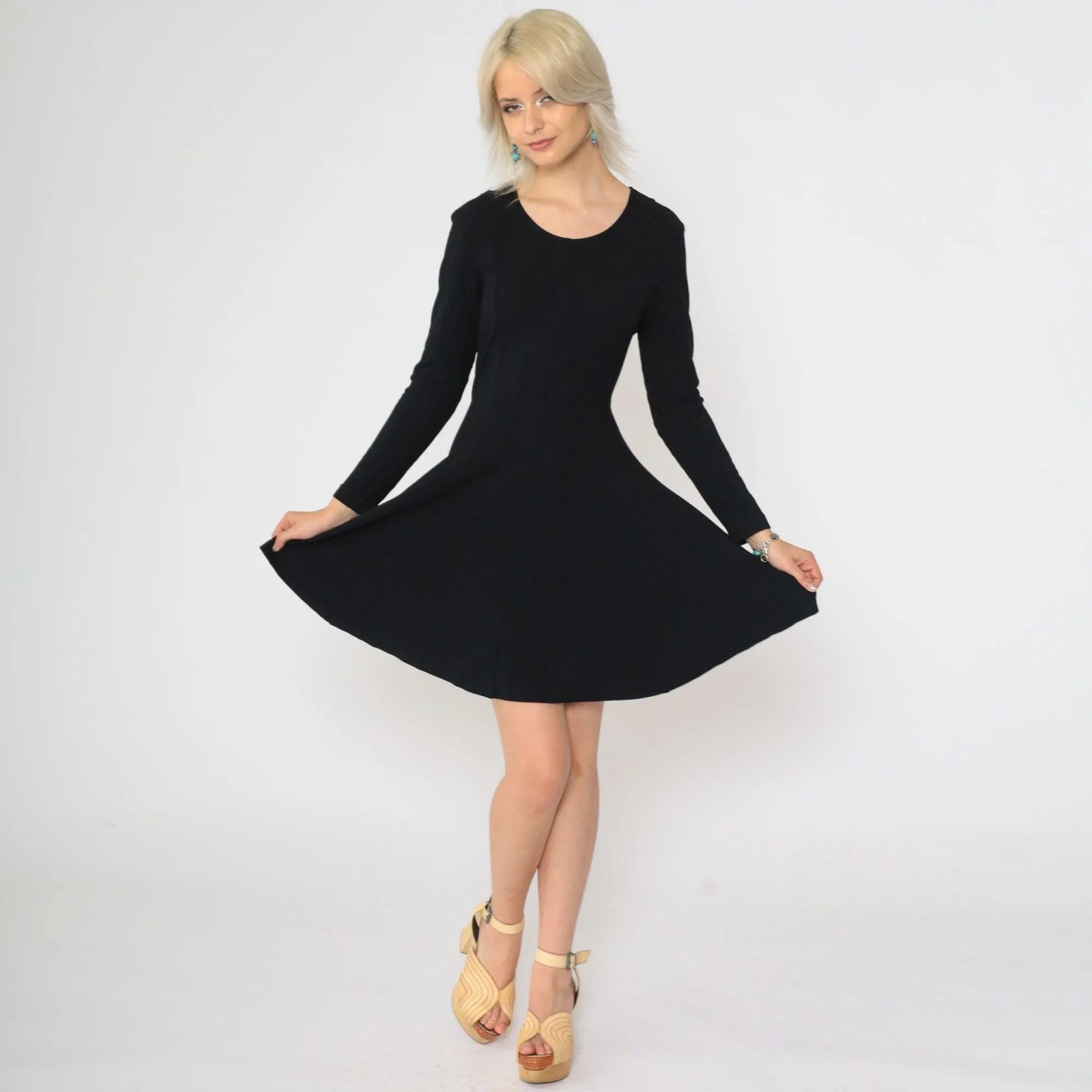 90s Norma Kamali Black Dress Vintage A-Line Skater Lace-Up Back Long Sleeve Scoo
