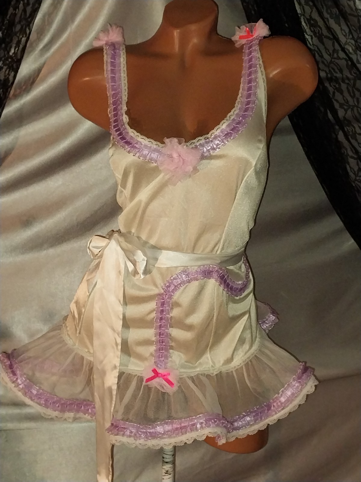 VTG Silky Nylon DollCore Cami Blouse Top Frilly Lacy Neon Pink Bows Burlesque 48
