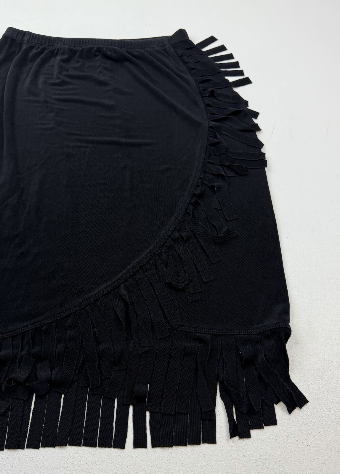 Vtg Chico’s Travelers Black Fringe Faux Wrap Midi Skirt Sz 1 Western Slinky Knit
