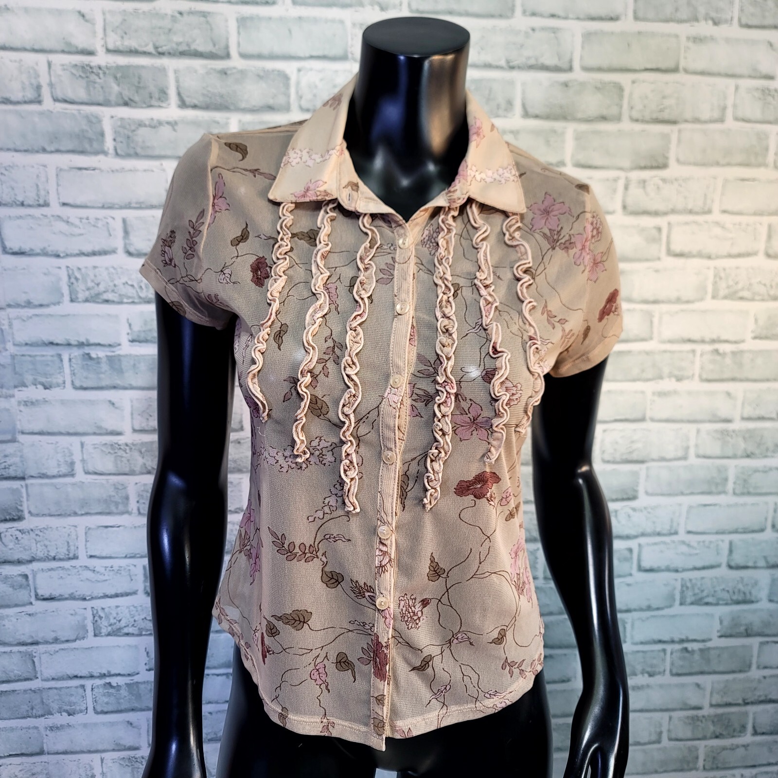 Vintage 90s Y2K The Limited Sheer Tan Pink Floral Ruffle Pintucked Button Front