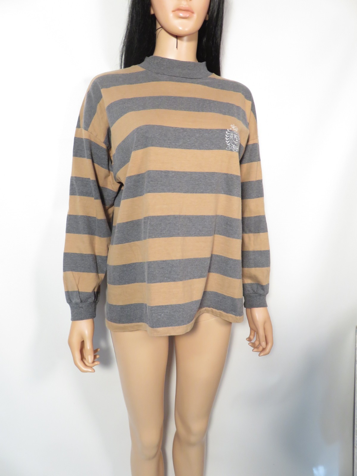 Vintage 80s/90s Gray And Khaki Striped Cotton Tshirt With Crest Logo Made In USA