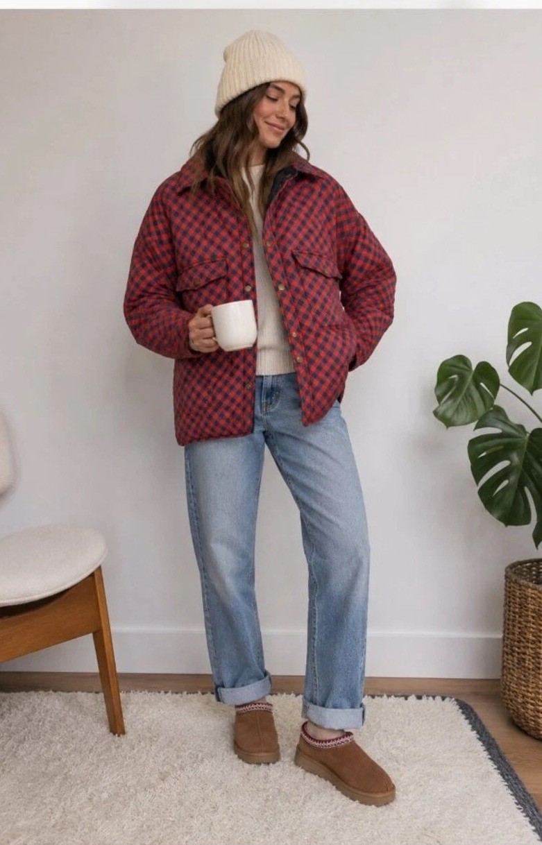 Vintage Style Red Buffalo Plaid Quilted Puffer Jacket / Shacket – M
