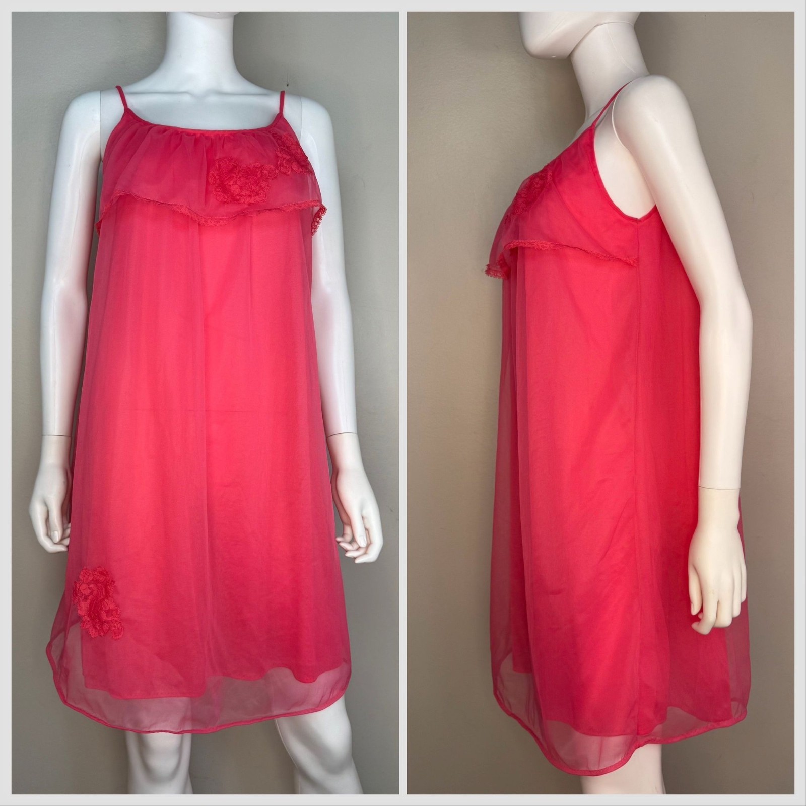 Vintage 1960s Hot Pink Nightgown 60s Sears Roebuck and Co Sheer Silky Lingerie