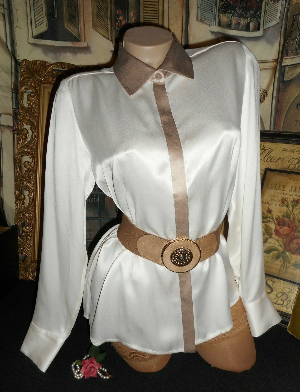 6 Silk Blouse Ivory White Taupe Long Sleeve Point Collar NOS UK 12 EU 38