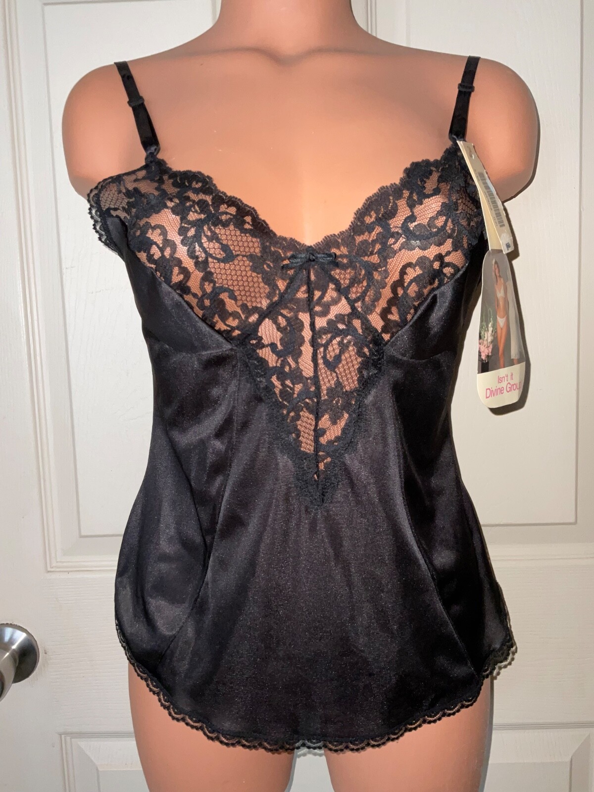 Sears Camisole Black Silky Shiny Antron Nylon Lace Trim Vintage NOS Sz. 34