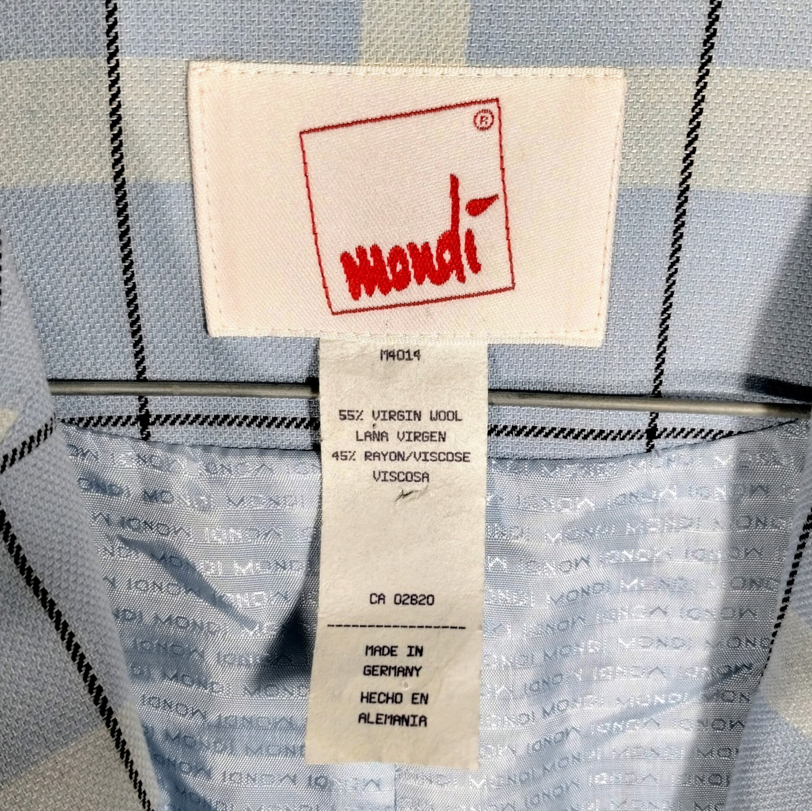 Vintage Mondi Virgin Wool Blazer 44 Modern L 10/12 Germany Blue Plaid Spring