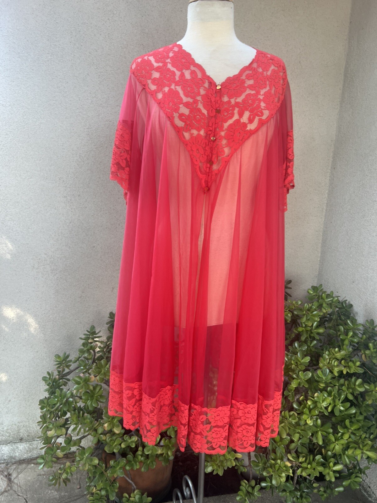 Vtg Sexy Lingerie Robe Red Lace Sheer OS By LeVoy’s