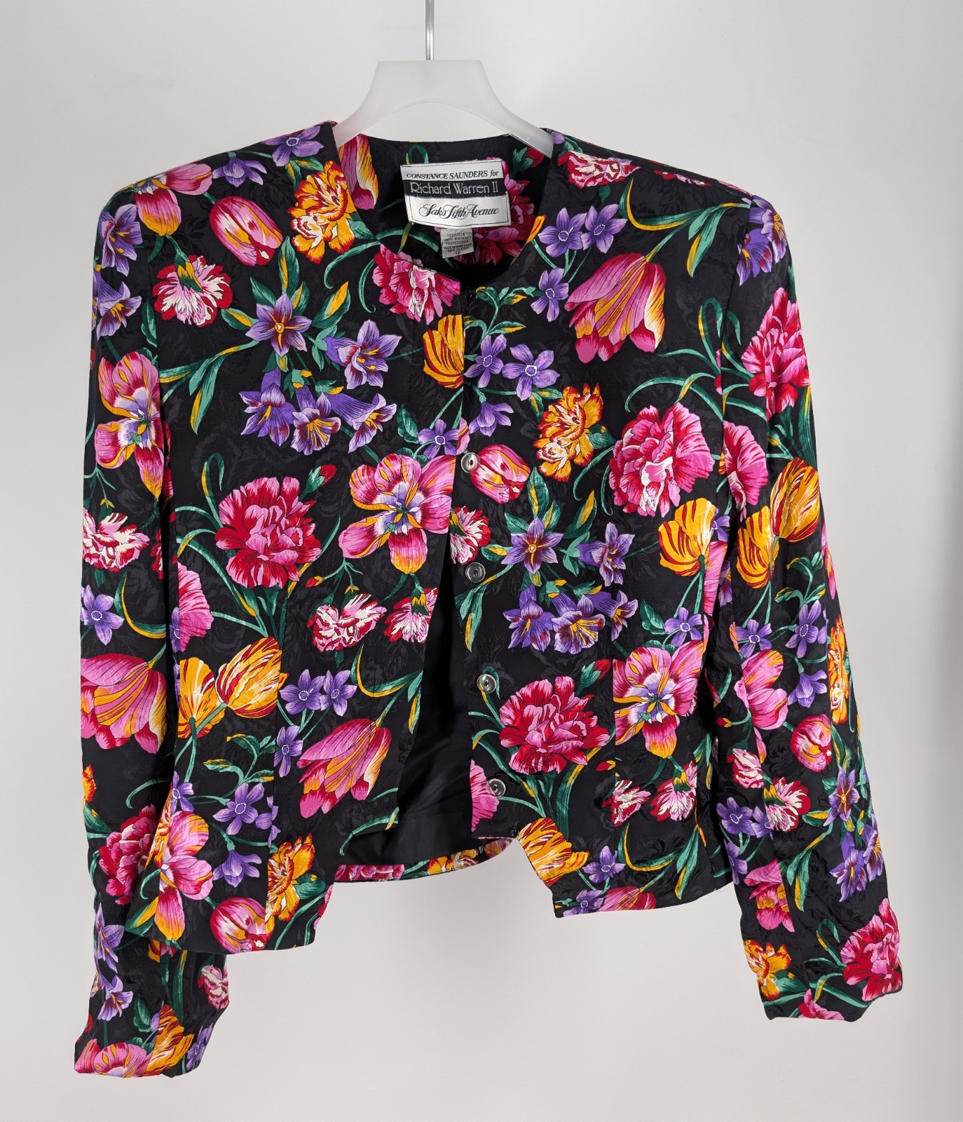 Vintage 80s Constance Saunders Richard Warren Silk Floral Blazer 12 Hong Kong