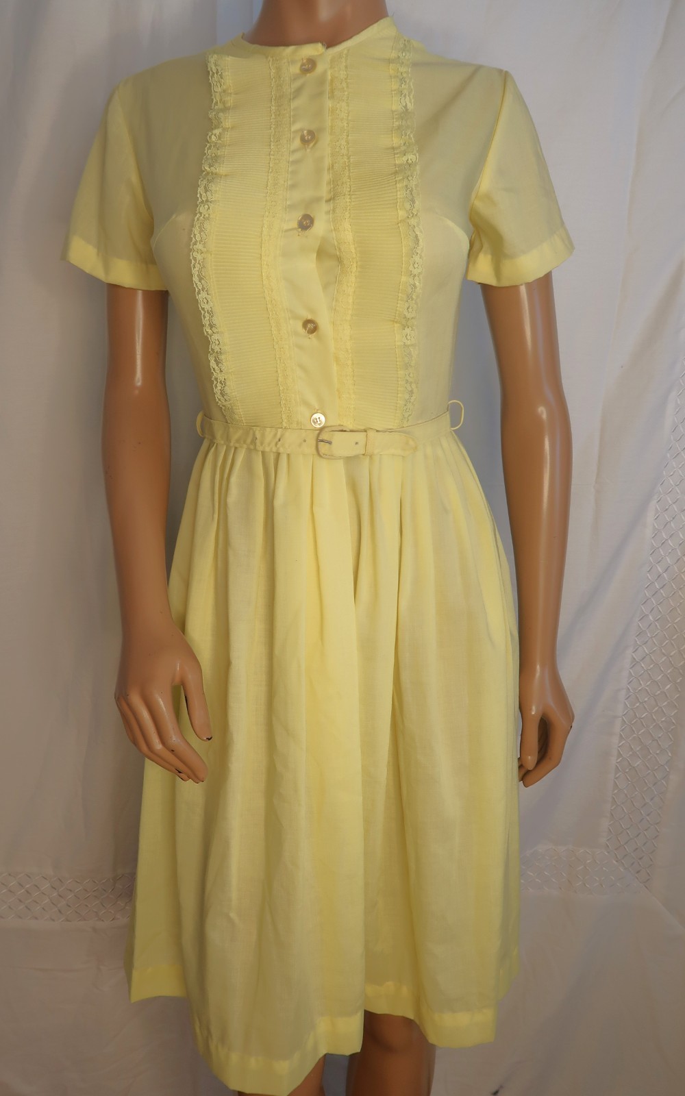 1950s Lemon Yellow Cotton Fit Flare Dress Size 10 with Original Belt Spring