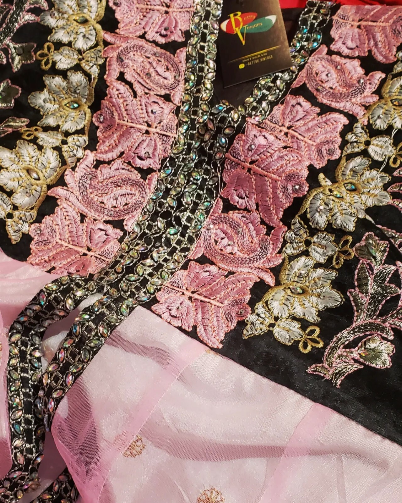 VTG Handmade Indian Black Pink Gold Empire Waist Organza Chiffon Dress
