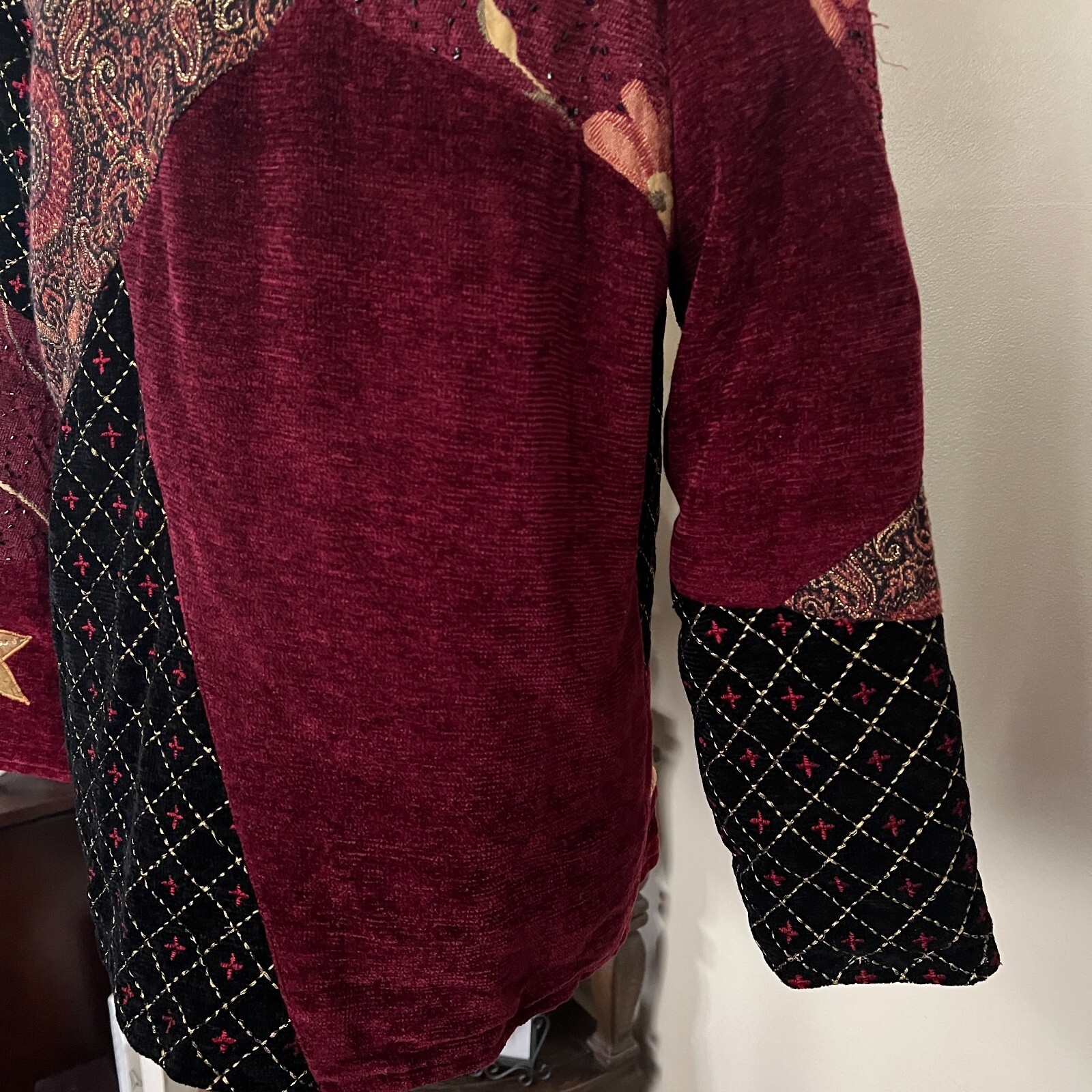 Alex Kim Vintage Burgundy Embroidered Patchwork Jacket sz Petite M