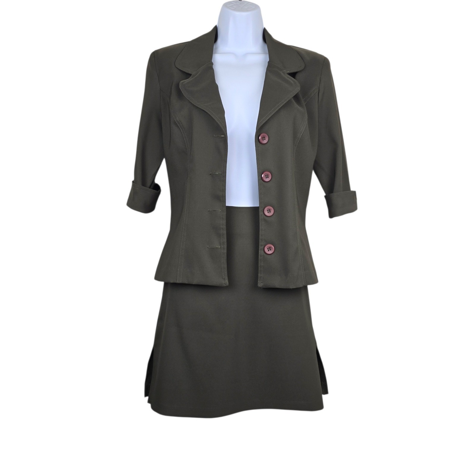 La Belle Olive Green 3/4 Sleeve Blazer Mini Skirt Suit Set Size 3