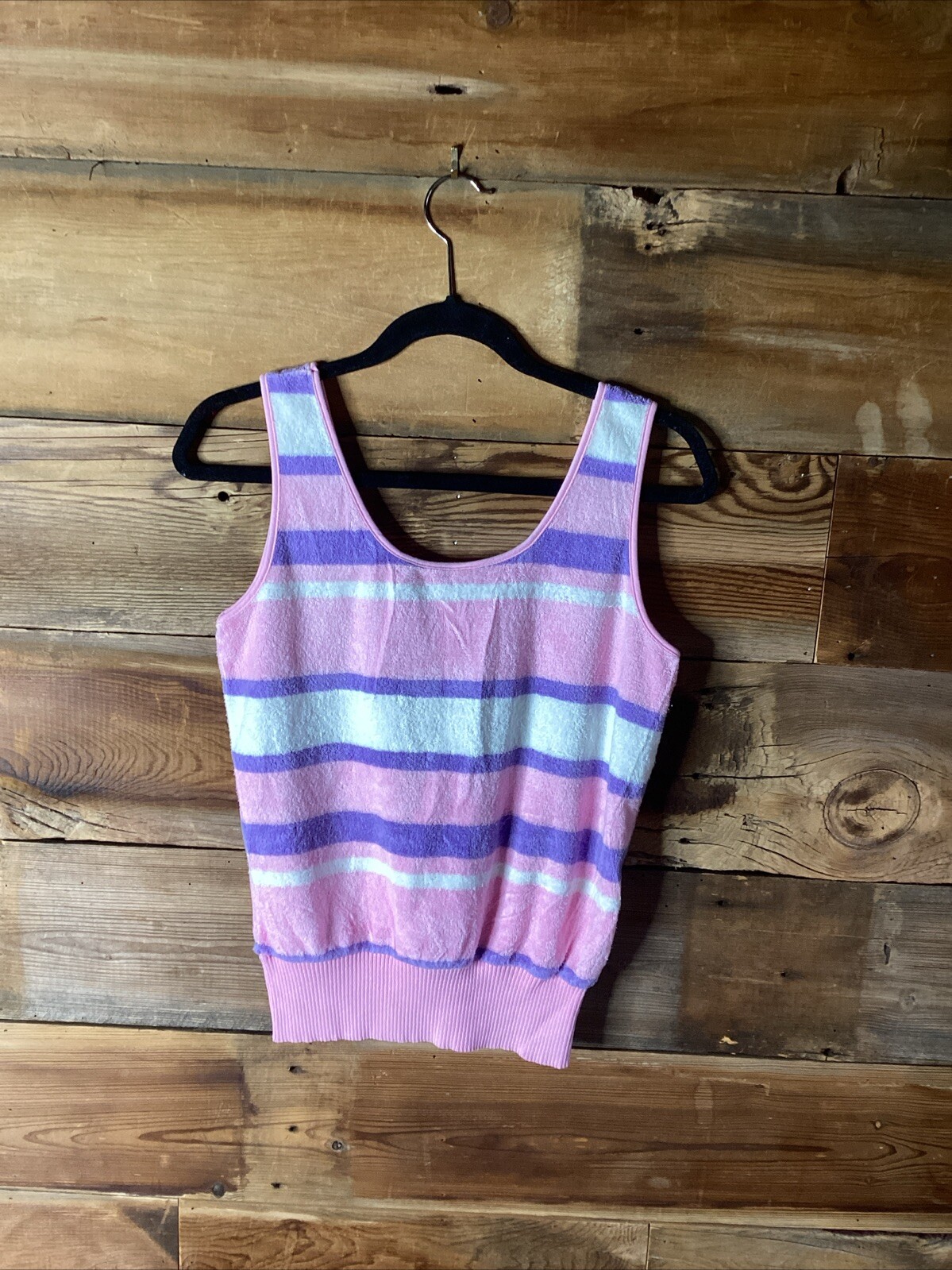 Vintage Terry Cloth Tank Top Banded Waist Purple Pink White Stripe size M/L