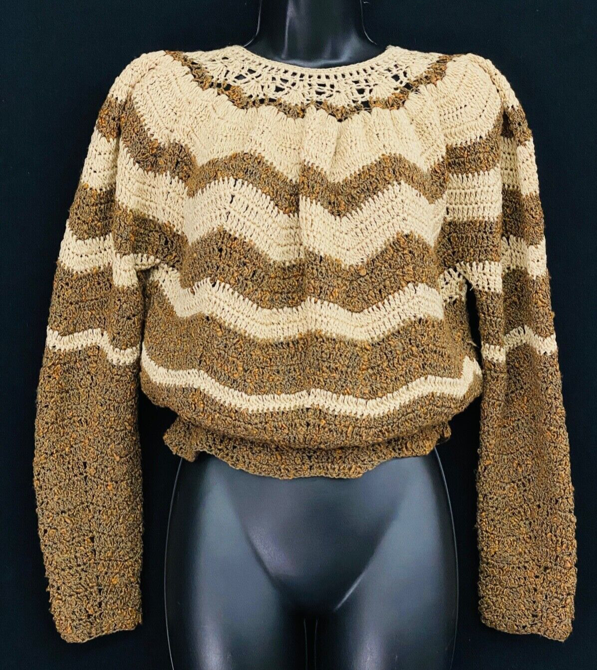 Vintage 1970s brown tan striped sweater, chevron crop Victorian oversized lace