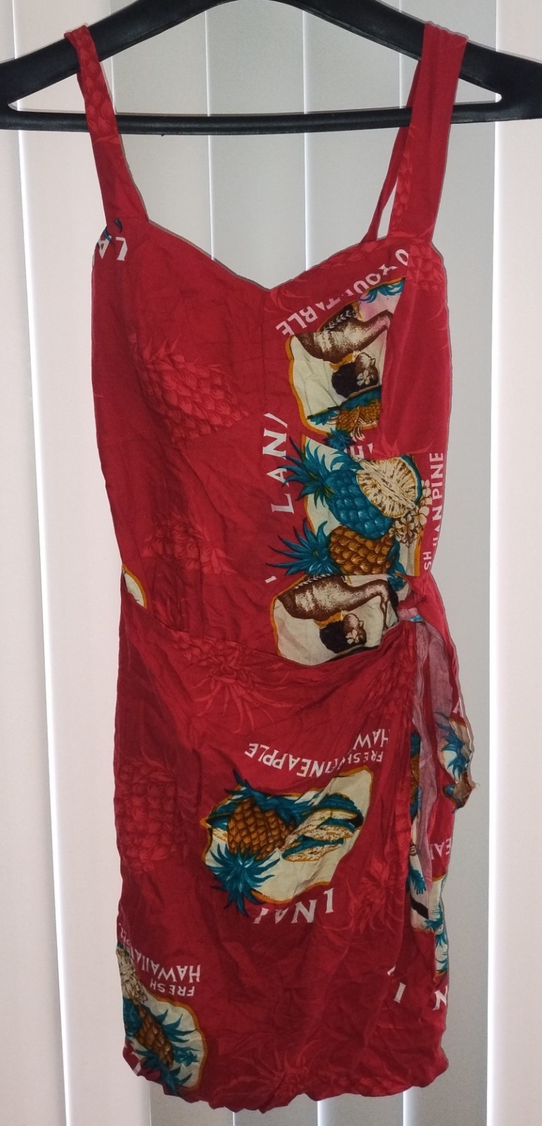 Vtg RED Hawaiian Pineapple Dress Tiki MCM Luau Hawaii Sundress 100% Rayon