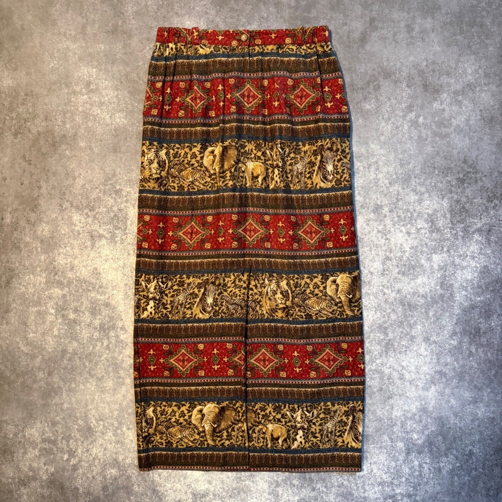 Vintage Sharon Young Sportswear Safari Animal Print Maxi Skirt Rayon Linen Sz 12