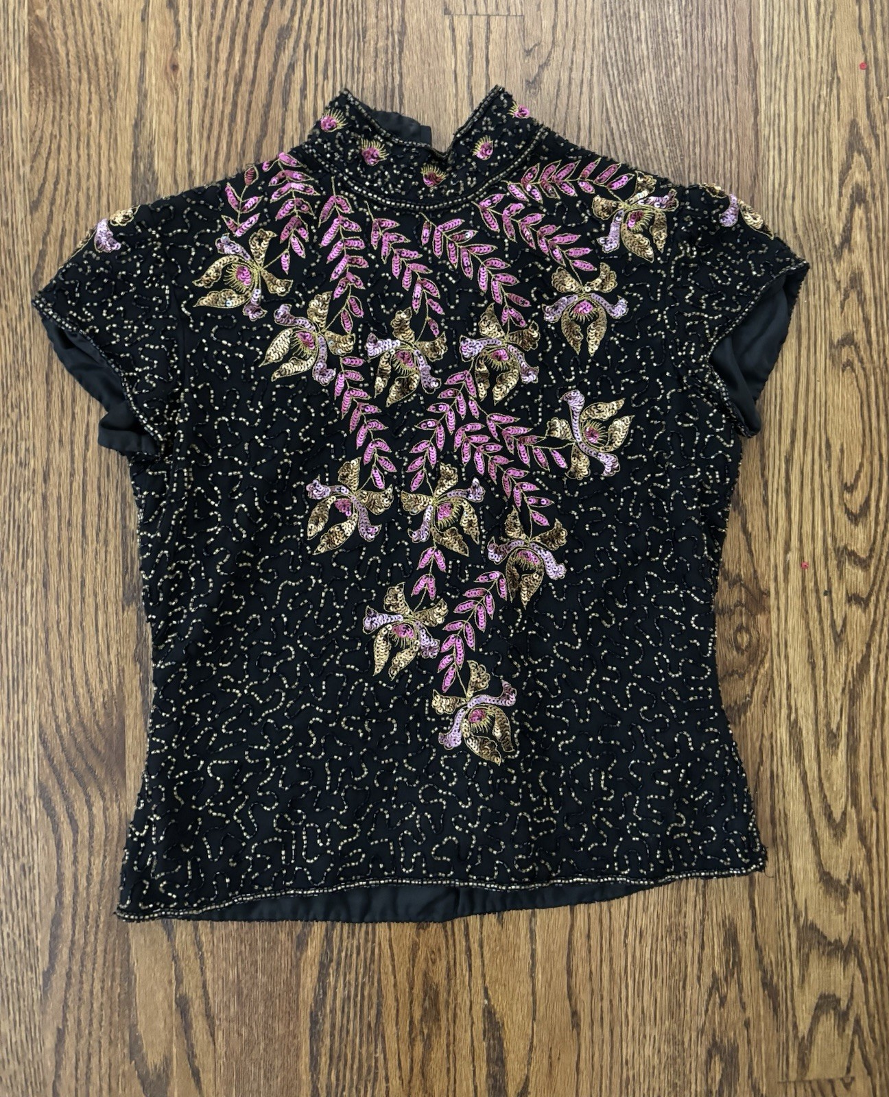 Vintage Joseph Le Bon Asian Style Mandarin Collar SS Beaded Sequin Trophy Top L