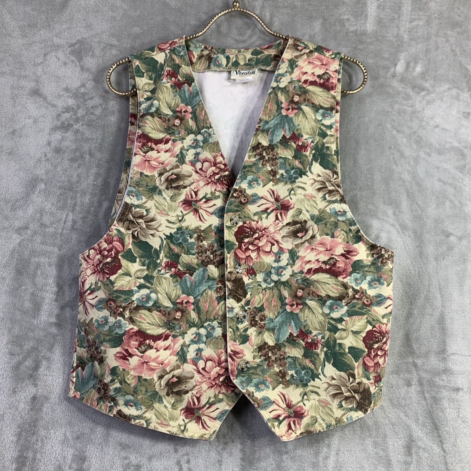 VTG Vivaldi Jeanswear Pink Grn Floral Vest 80’s 90’s Cottage Granny Boho Sz M