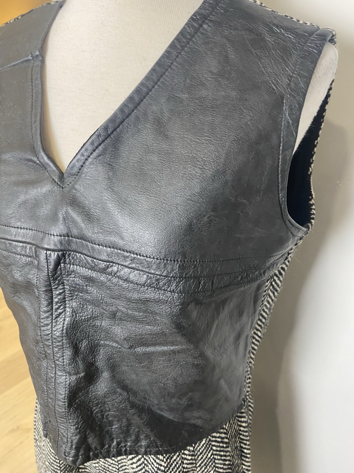 Vintage Mixed Media MOD Leather Herringbone Tweed Shift Dress Black 2-Piece