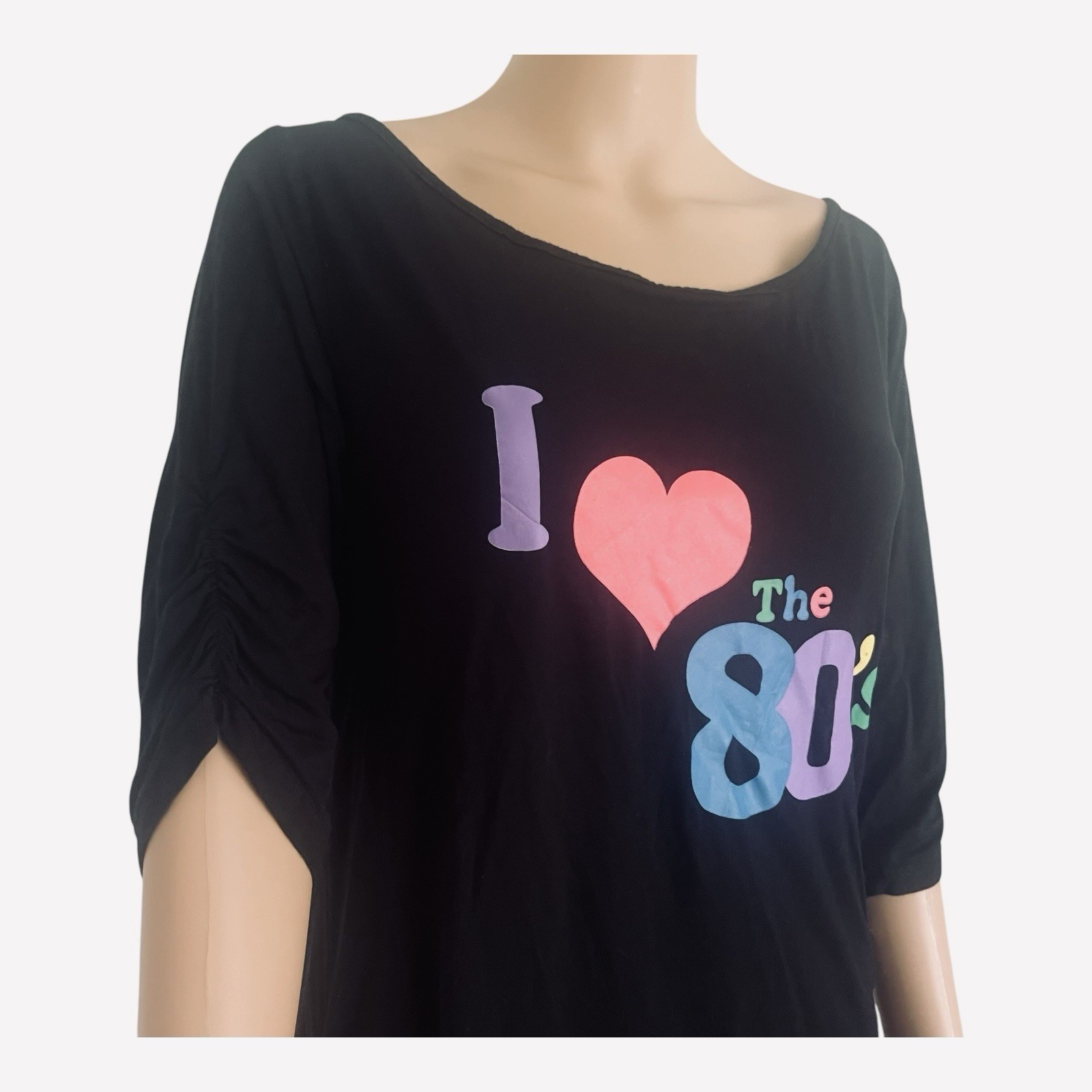 Vintage casual black top shirt L scooped neck graphic I Love The 80’s 3/4 sleeve