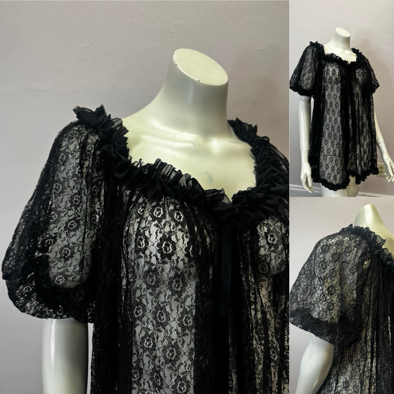 VTG 1960s Black Sheer Lace Baby Doll Nightgown Lingerie Mini Puff Sleeves S-L