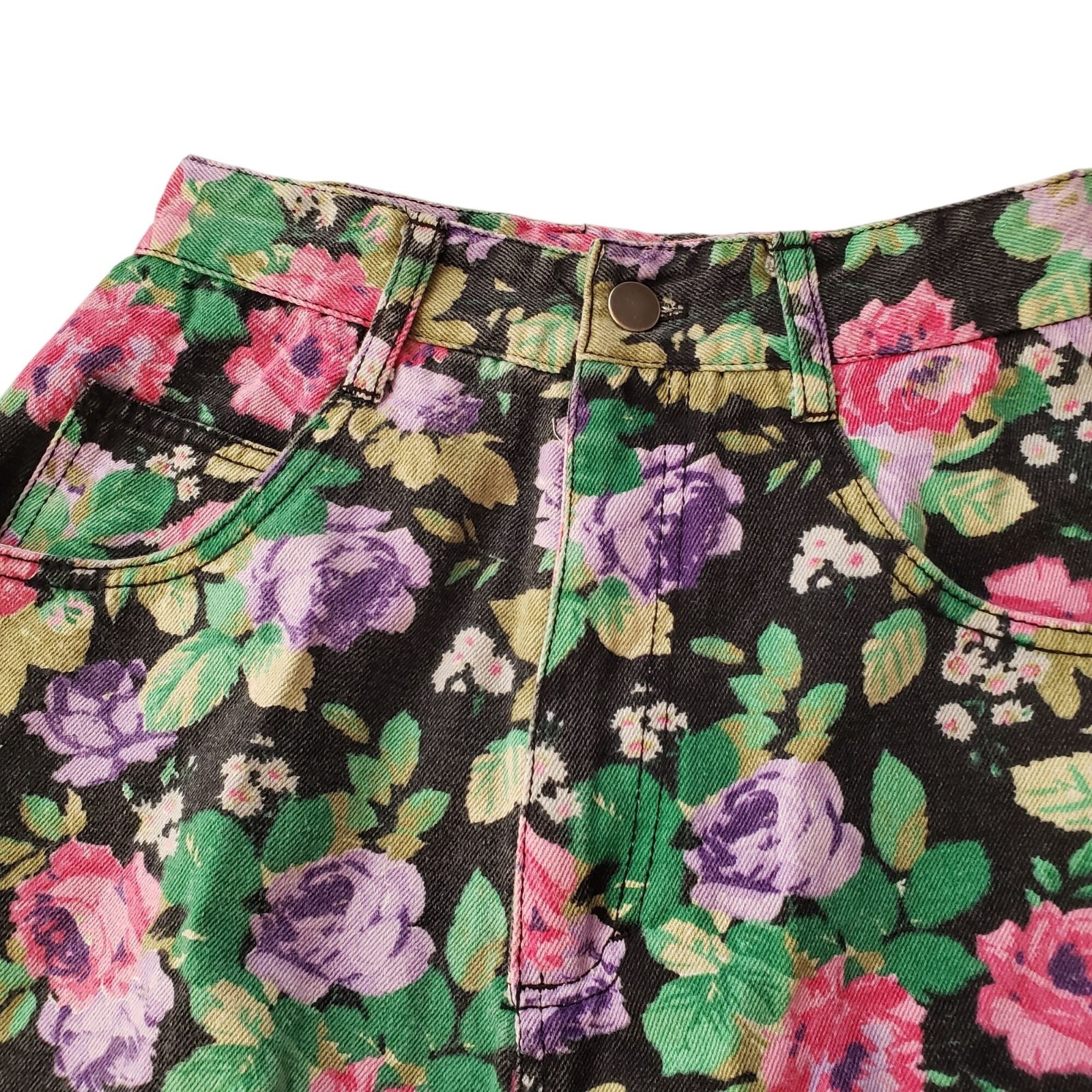 Vintage 80s 90s Floral Denim Skirt XS Breaker Jeans Pinch Waist Retro Mini