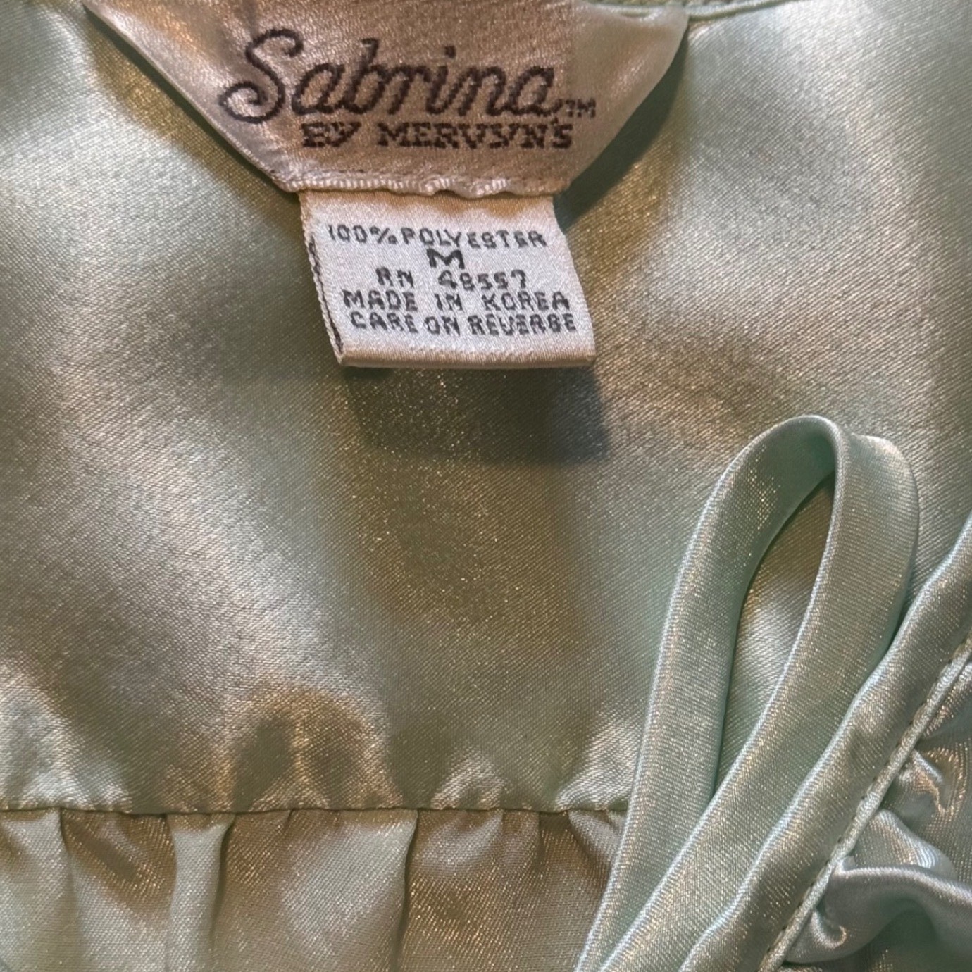 Vintage 80s Sabrina by Mervyn’s Mint Green Satin Lace Ruffle Nightgown Coquette