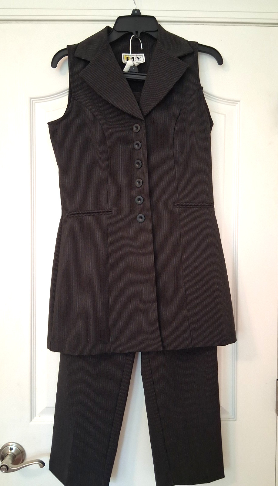 DBY Suit Pinstripe Sleeveless Tunic Vest High Waisted Pants Corporate Goth