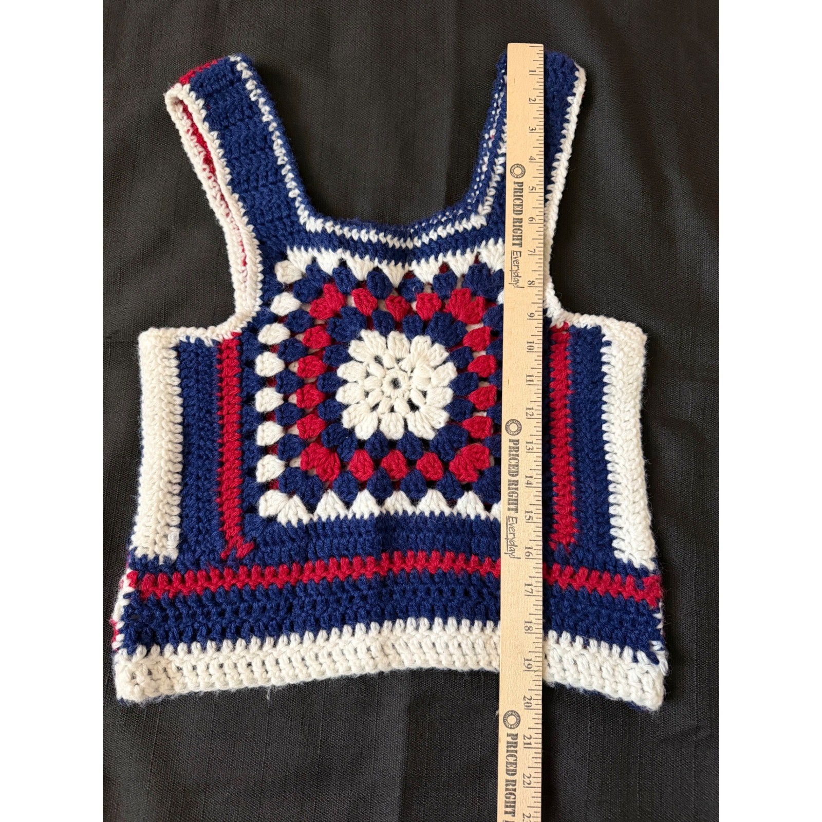 VTG Handmade Crochet Granny Square Tank size small 70s Style Red White Blue