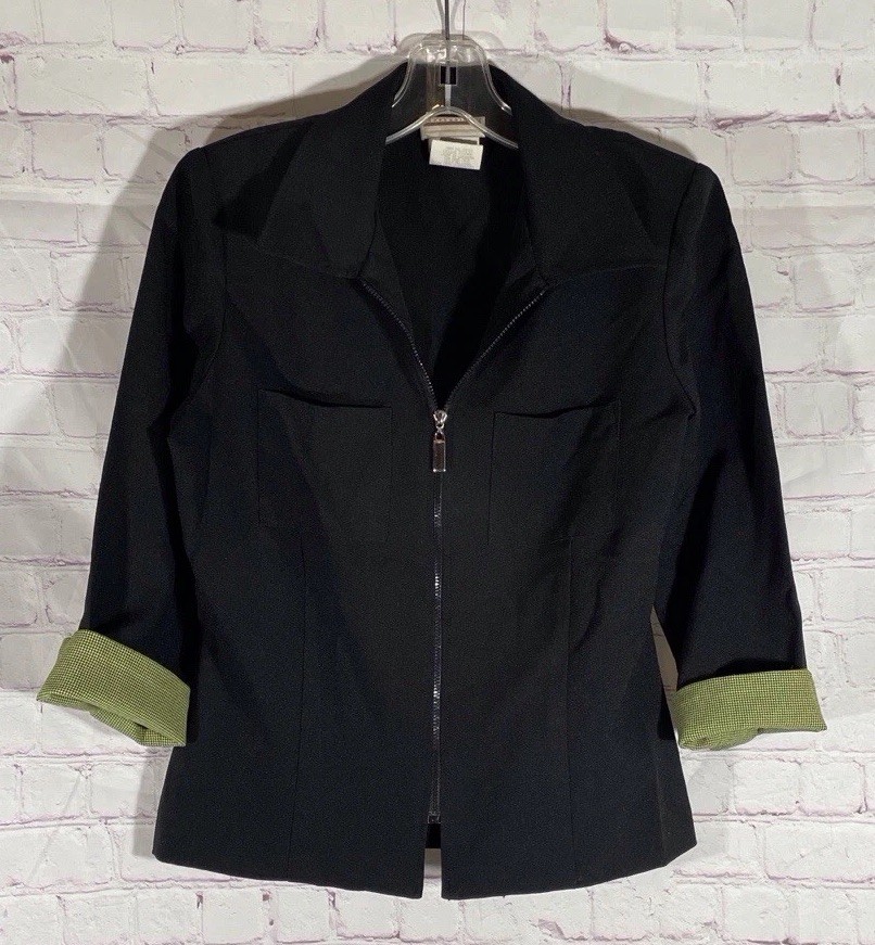Vintage Expressions Full Zip Black Blazer With Green Houndstooth Cuffs Size 6