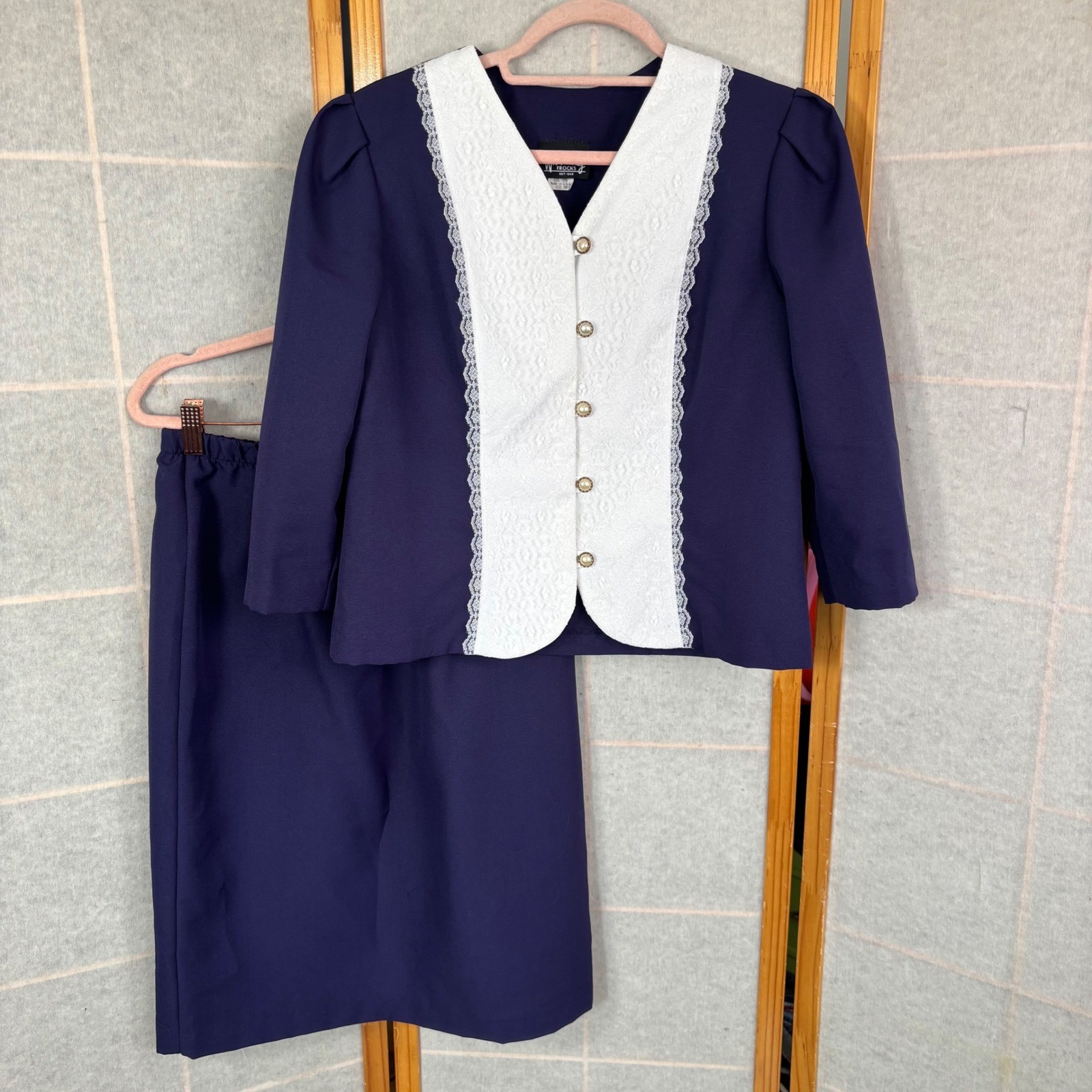 Whirlaway Frocks Vintage Navy Blue White Lace Trim Skirt Suit Set Womens 10P USA