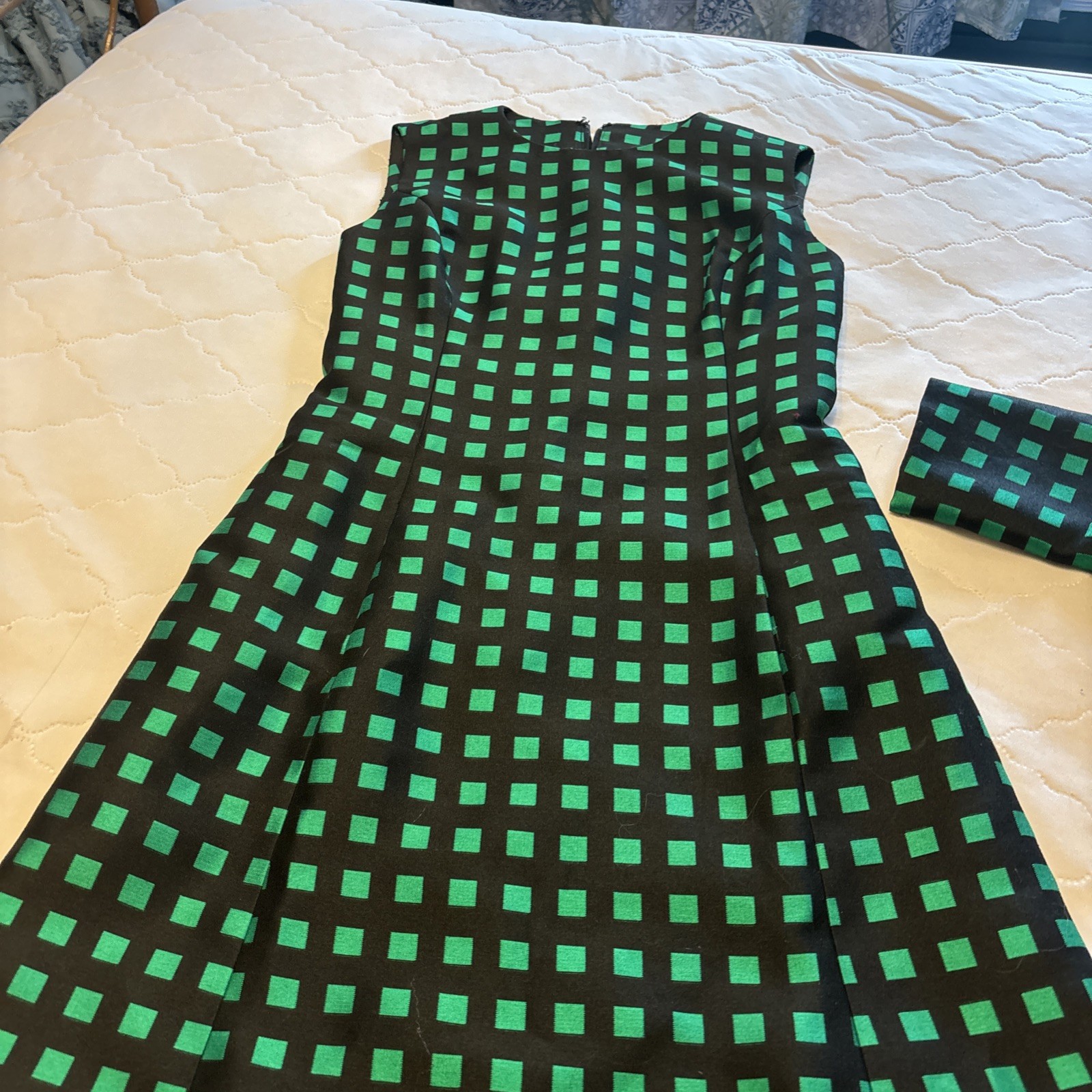 VTG 1960s/1970s Dress W/Jacket Custom Made green/black checked Med. NICE