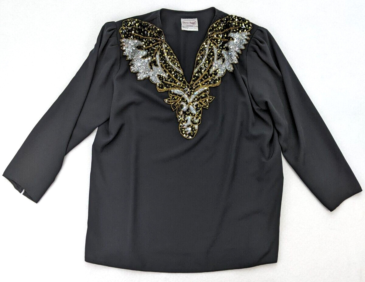 Vintage 80s Top Three Flaggs Size 16 Black Long Sleeve Sequins