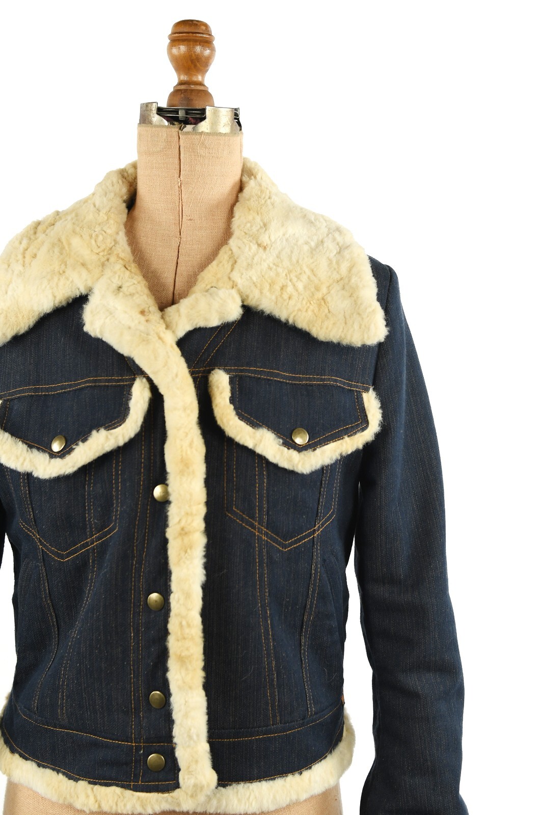 Vintage 90s French Dark Denim Faux Sherpa Princess Trim Bomber Coat Y2K Jacket M