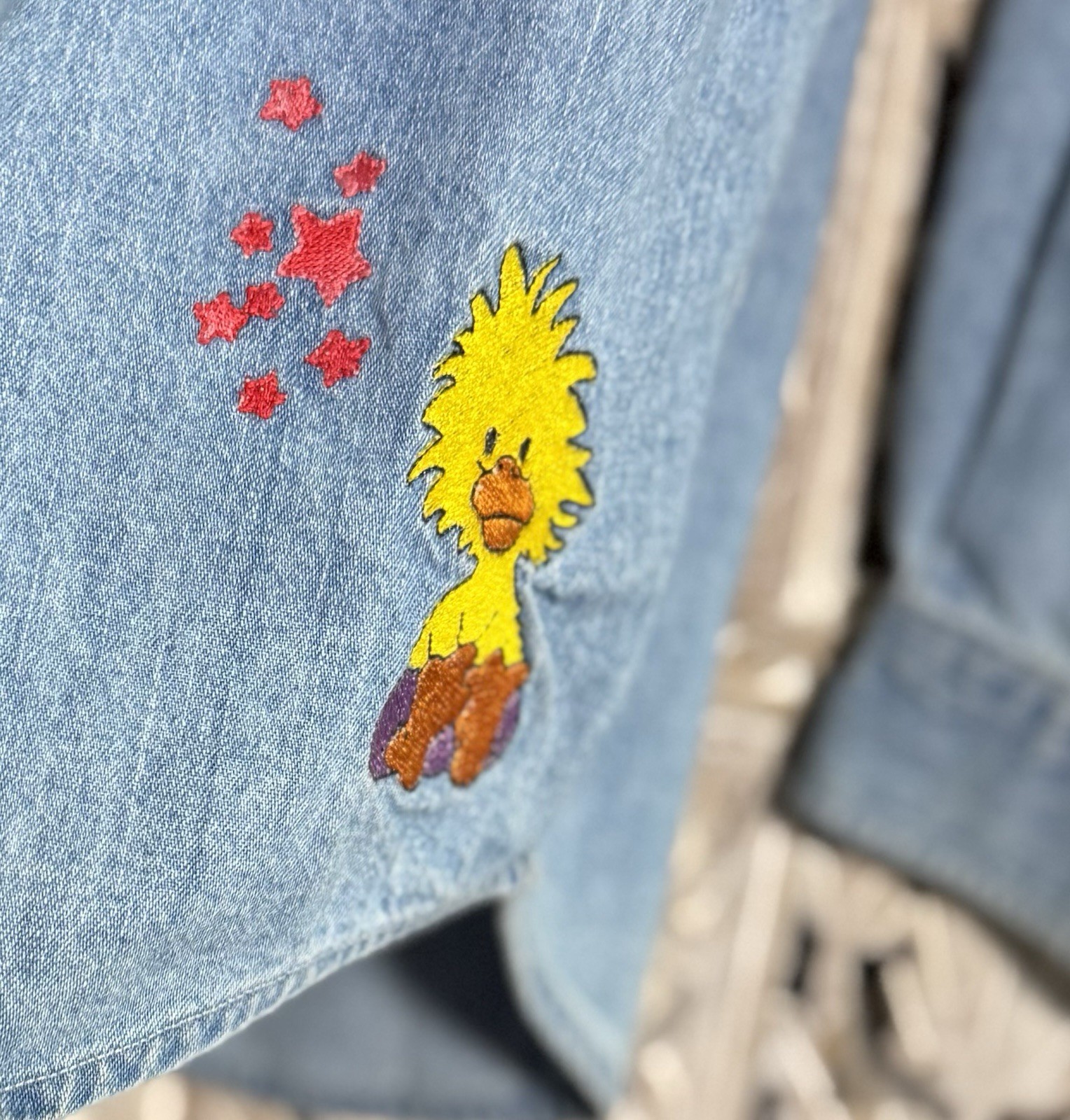 Vintage Cherokee Women’s Denim Long Sleeve Cartoon Embroidered Shirt SZ M
