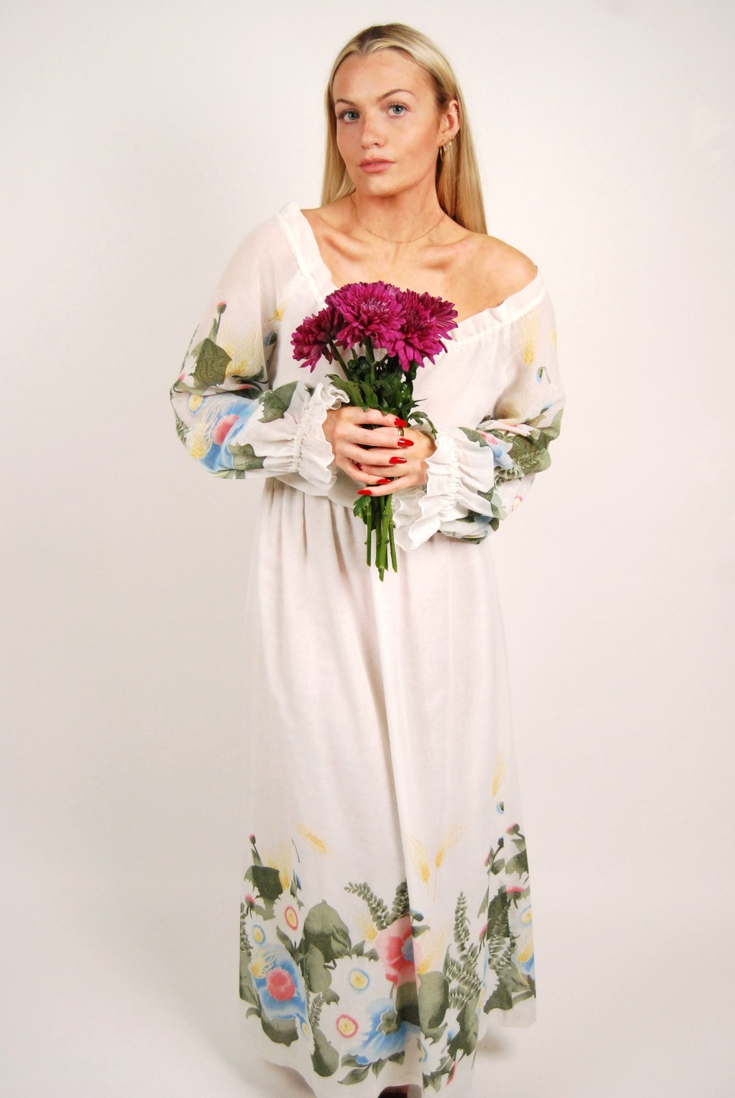 70s Off Shoulder Dress (M) medium white floral vintage boho hippy bell sleeve