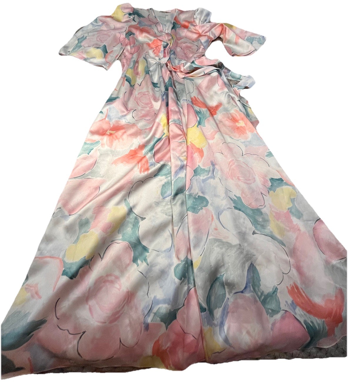 VTG Floral Artsy Lounge Hostess Caftan Maxi Robe OS M L LUCIE ANN Beverly Hills