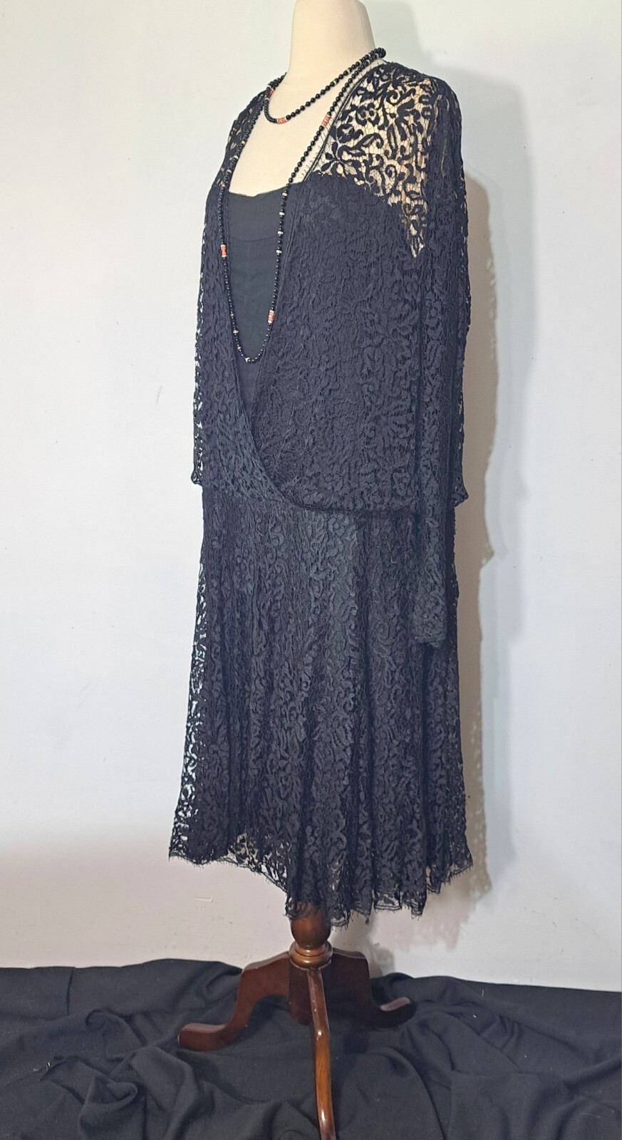 Antique 1920s Dress Black Lace over Silk Dropped Waist Long Sleeve