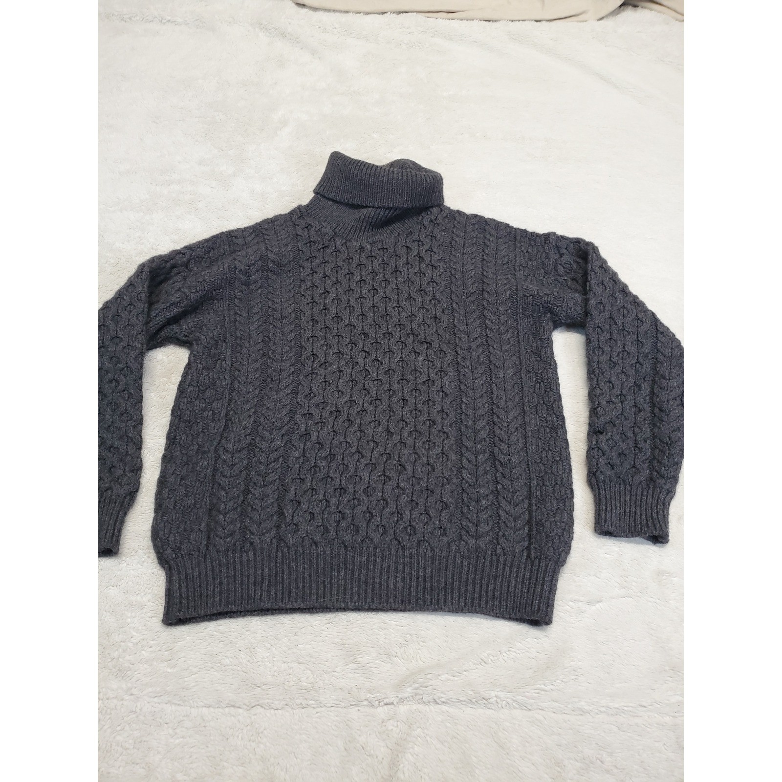 Vintage Gray Chunky Cable Knit Turtleneck Merino Wool Fisherman Sweater Small