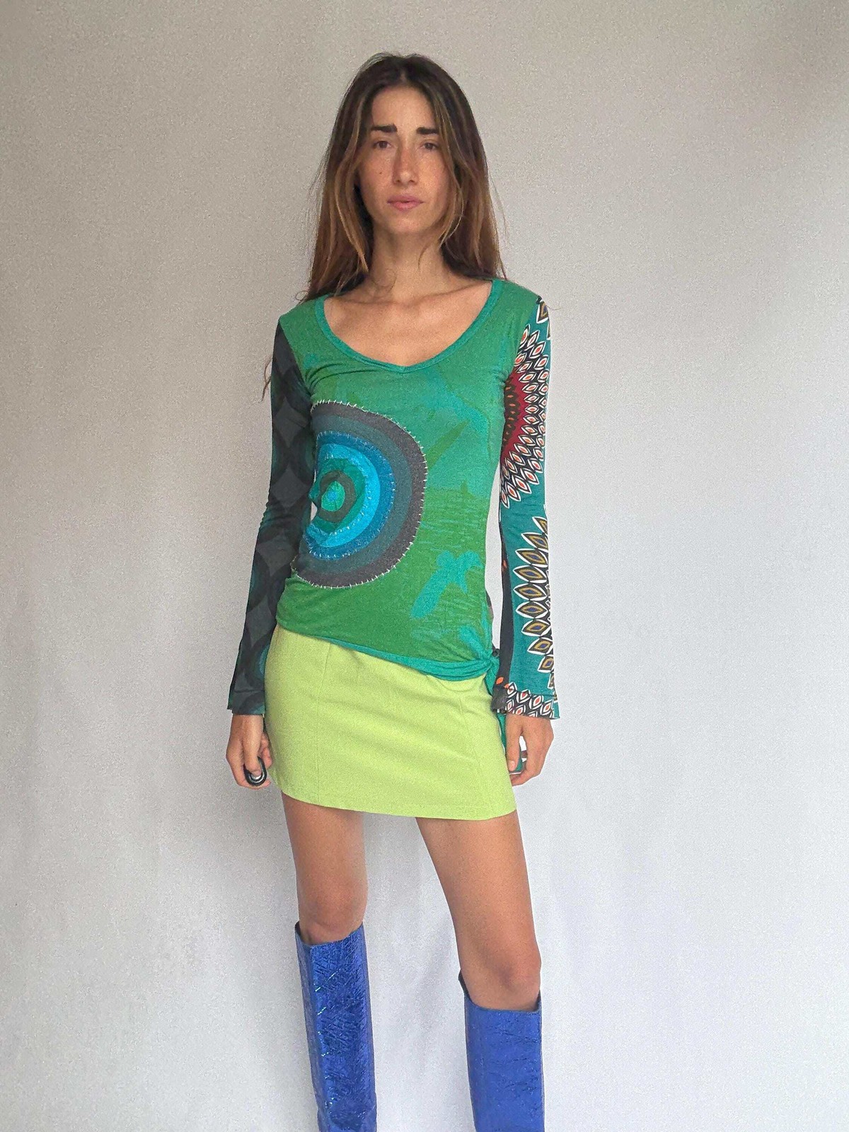 Desigual long sleeve green graphic blouse – bold print, tie waist detail – soft