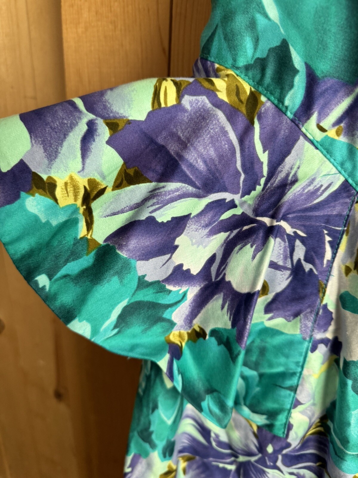VTG 80s Barbara Barbara Floral Fitted Cotton Dress Bright Teal Bust 30 Waist 28