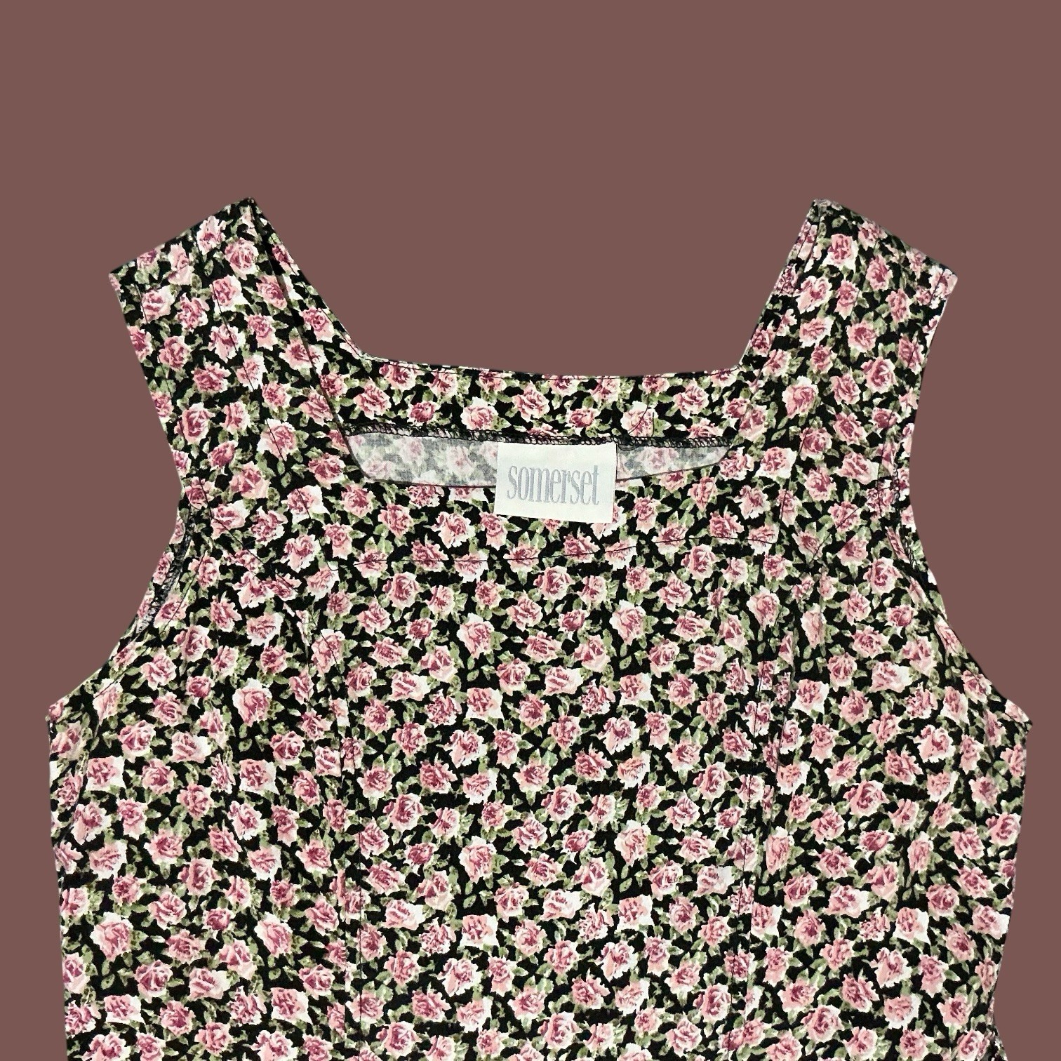 Vintage 90s Somerset Black Pink Rose Rayon Midi Dress Square Neck