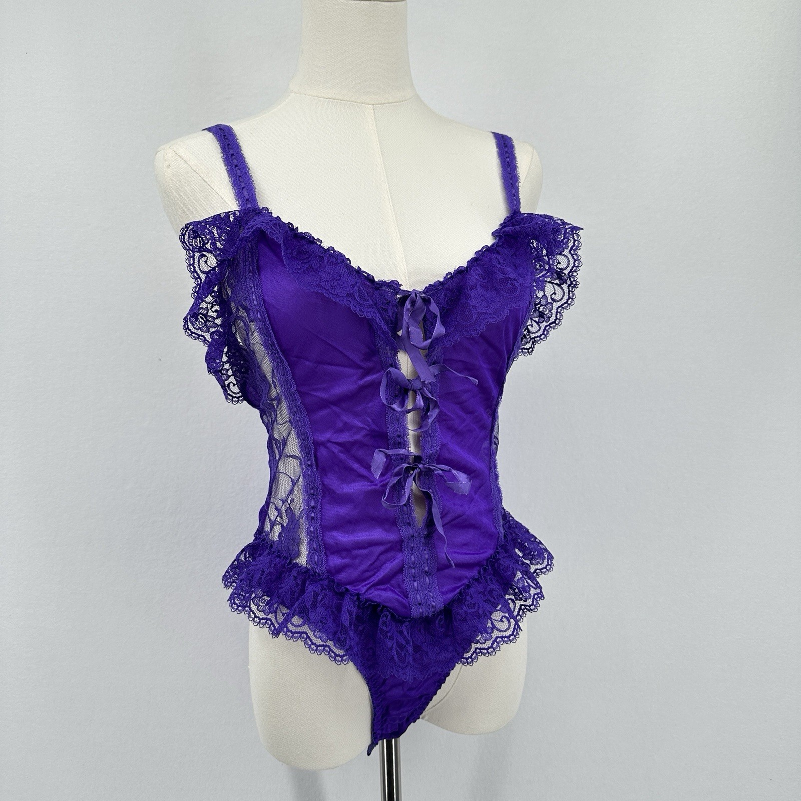 Vtg 80s Delicates Nylon Satin Negligee Teddy Romper Snap Frilly Bow Ties Size M