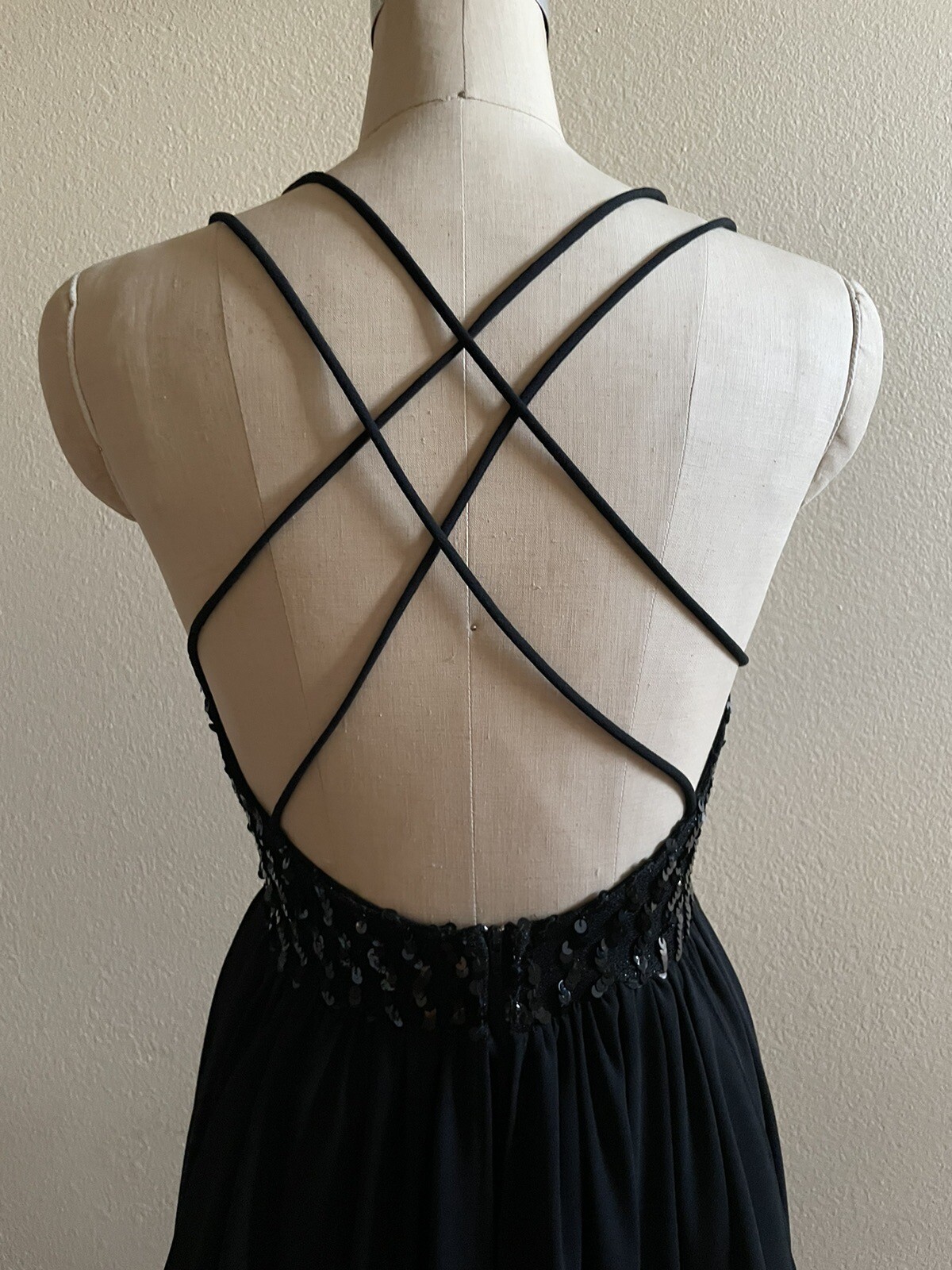 80’s Climax David Howard sz 7/8 Black Sequin open back waterfall skirt EUC Dance