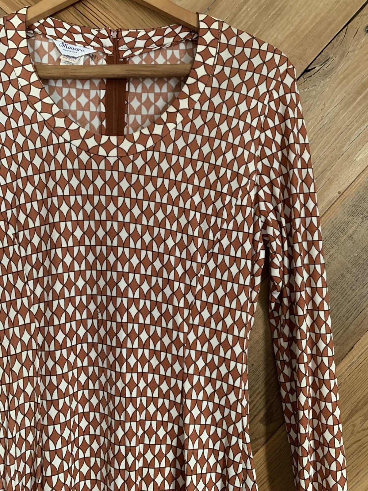 Vintage 70s Deadstock Maurice Long Sleeve Midi Dress Neutral Geometric Op Art 12