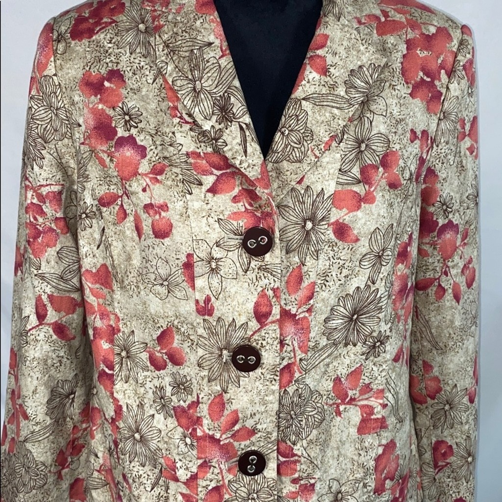RQT Vintage Floral Blazer Jacket Womens Size 14 Linen Blend Tan Pink Boho Lined