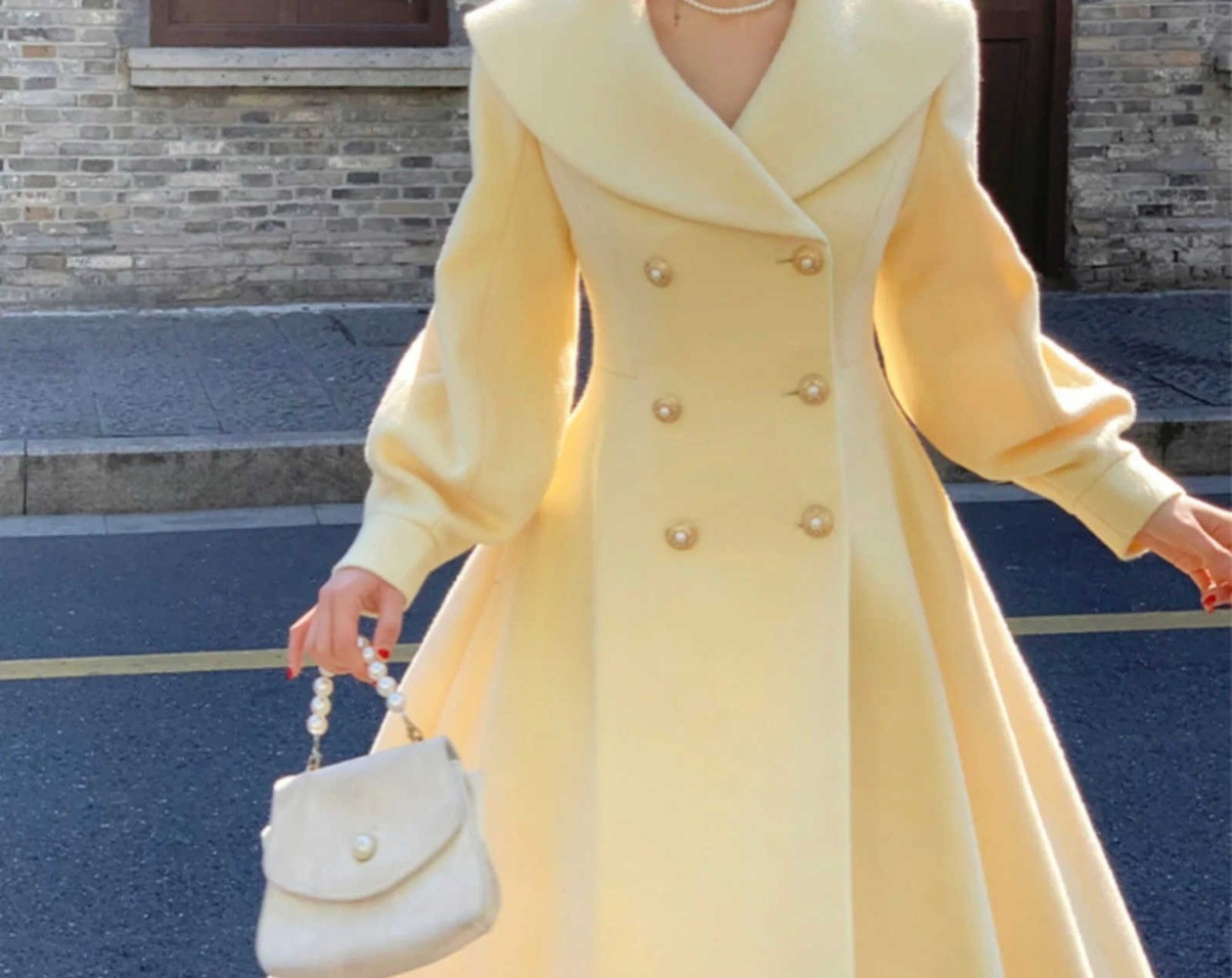 Ladies Yellow Coat Tweed Jacket Double Breasted Wide Hem Shawl Collar