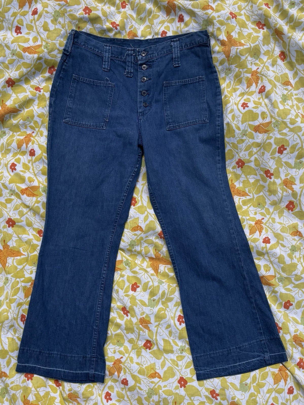 Vintage 70s Maverick Blue Bell Sailor Jeans High Waist Button Fly Flare 33×27.5